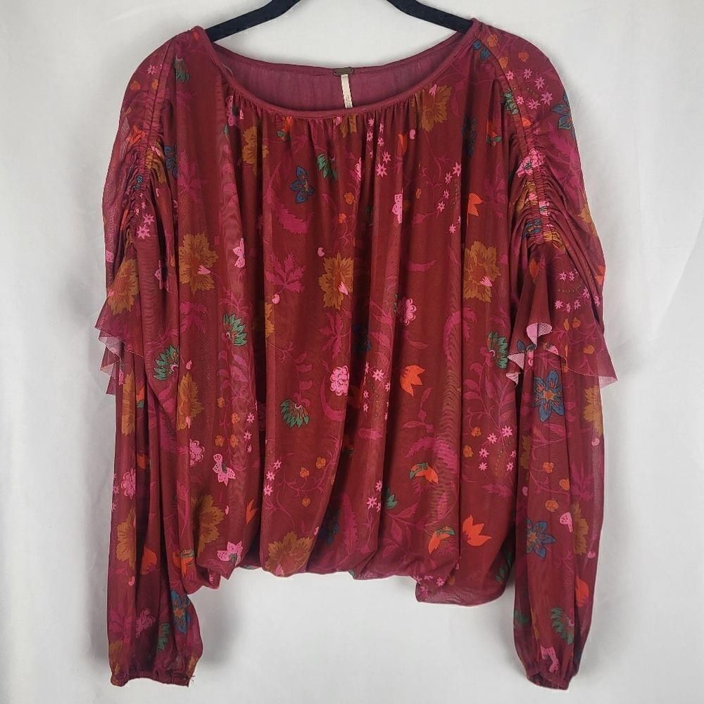 Free People Womens M Wild Flower Honey Mesh Top Berry Oversized Boho Romantic - Picture 4 of 11